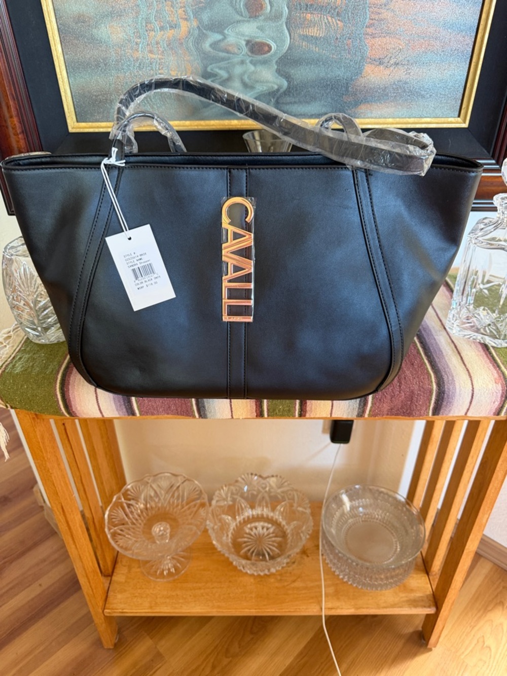 Cavalli Class Black Tote with Gold Logo Accent